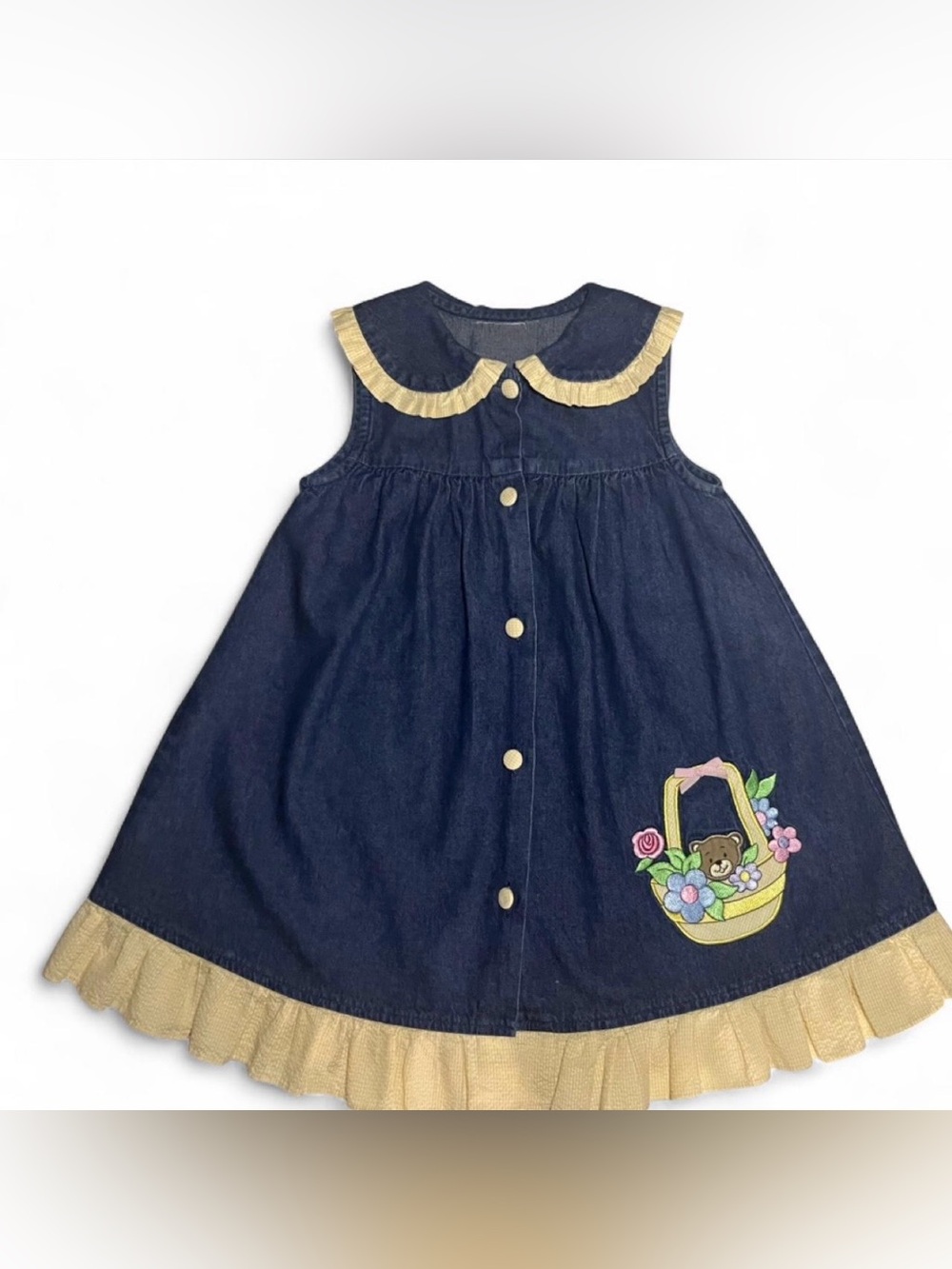 Denim Sleeveless Dress w/Collar &Yellow Trim & Teddy Bear/Floral Embroidery